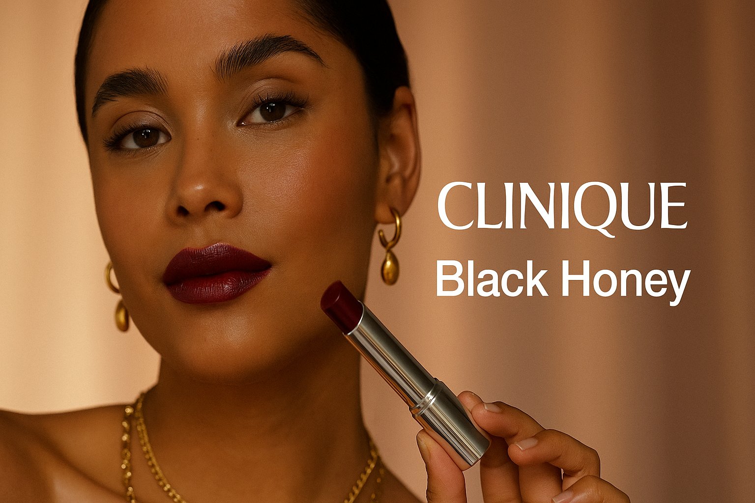 Clinique Almost Lipstick Black Honey – stemningsbillede af model med let farvede læber i naturligt lys