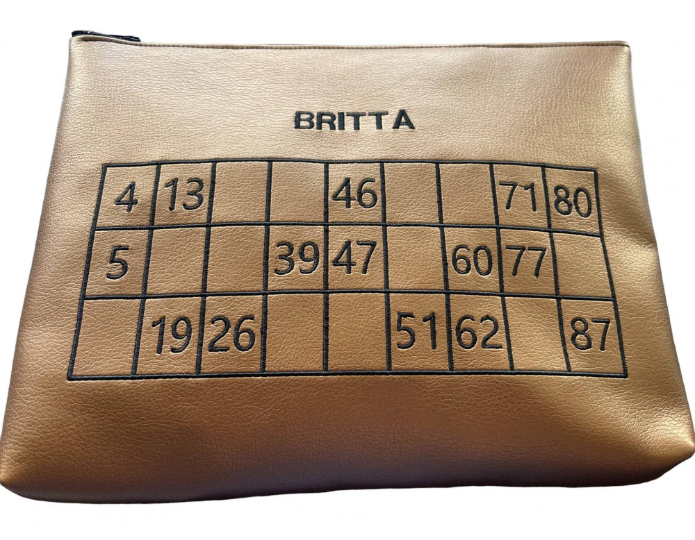 Bankotaske i kunstlæder med tekst