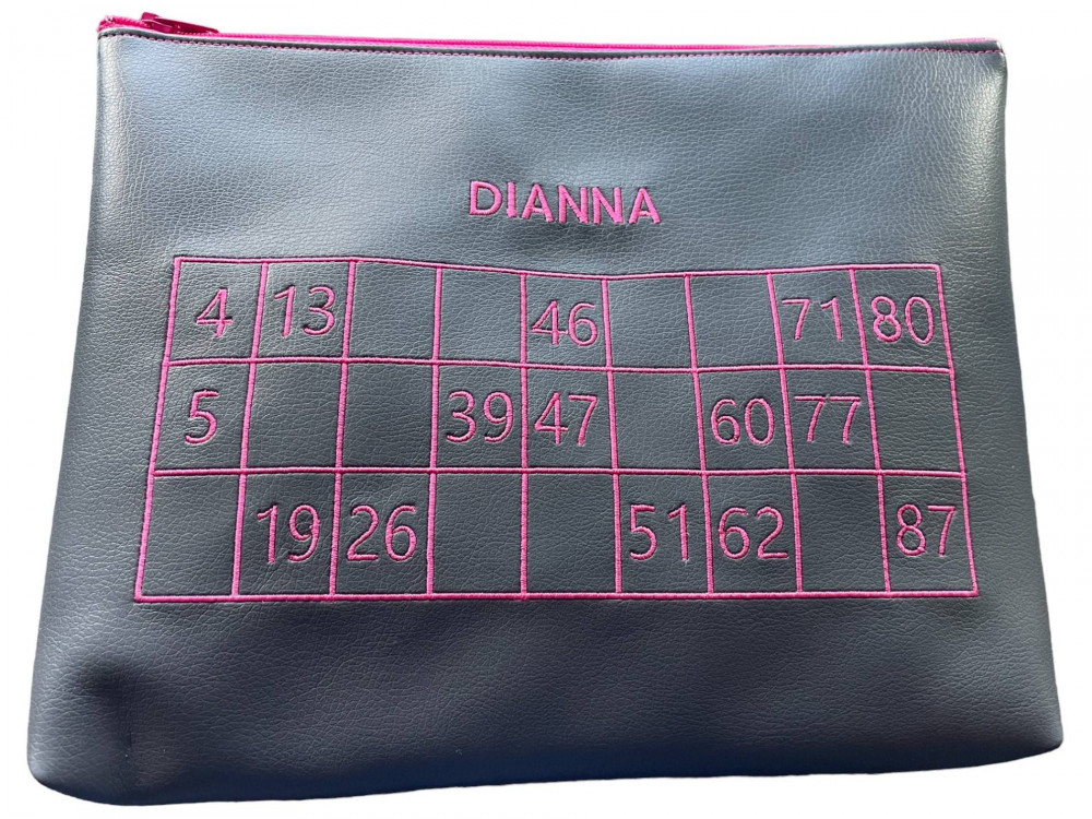 Bankotaske i kunstlæder med tekst