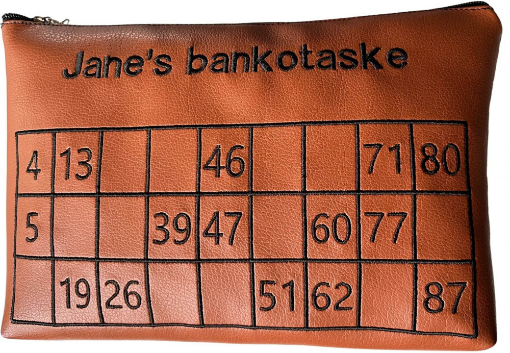 Bankotaske i kunstlæder med tekst