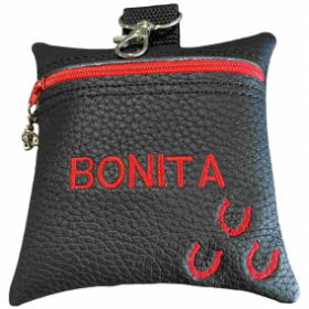 Godbidstaske i sort kunstlæder med hestesko og navn