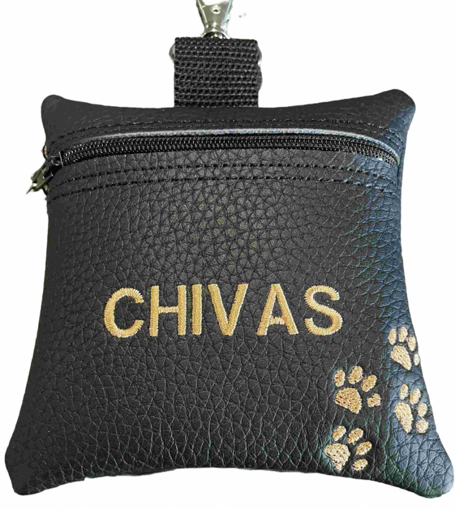 Godbidstaske i sort kunstlæder med poter og navn