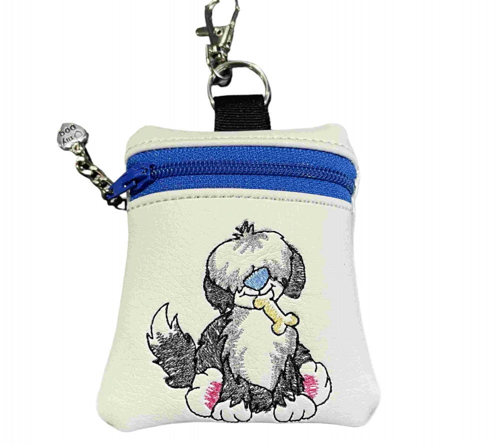 Mellem godbidstaske i hvid kunstlæder med grå hund