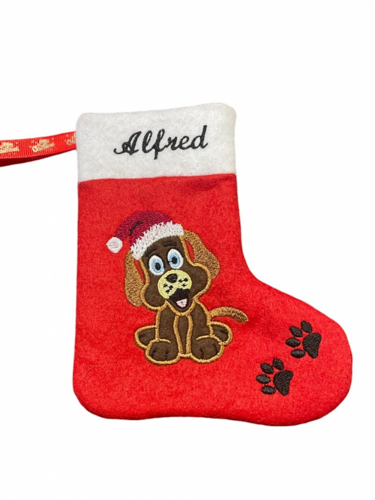 Små julesokker med hund og navn