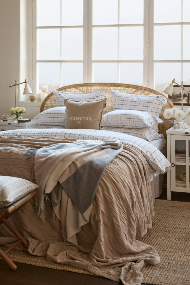 Lexington Checked Cotton Poplin Dynebetræk, White/Beige/Navy 