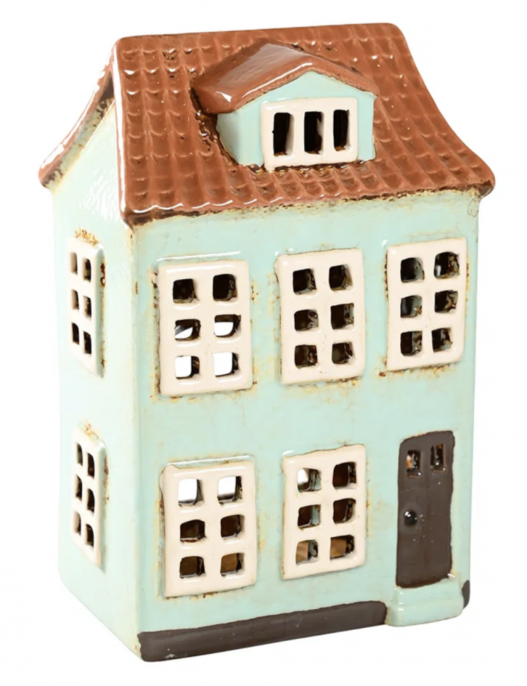 Blå-grønt keramikhus, lysestage til fyrfadslys