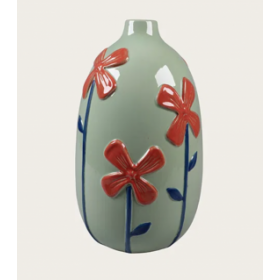 grøn vase med blomster motiv. PÅ LAGER 01.01.2026