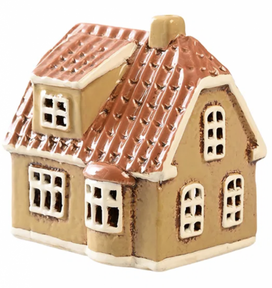 Gult keramikhus med kvist, lysestage til fyrfadslys