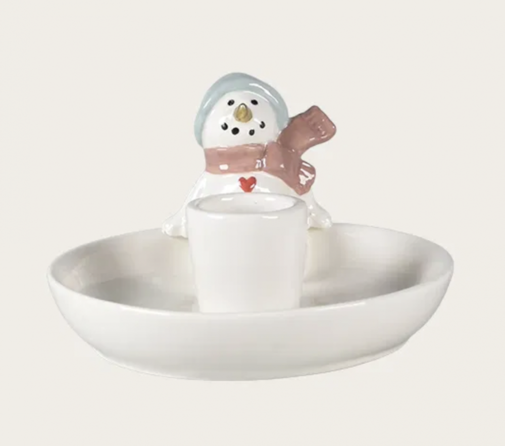 Julestage med snemand til kronelys.