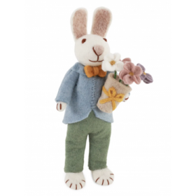 Kanin med grøne bukser, blå jakke og buket 27cm