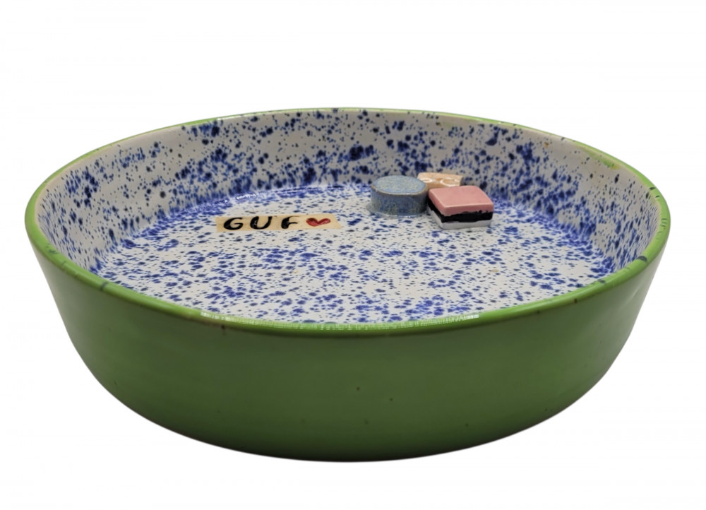 Slikskål i keramik, grøn og blå