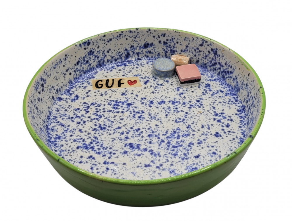 Slikskål i keramik, grøn og blå