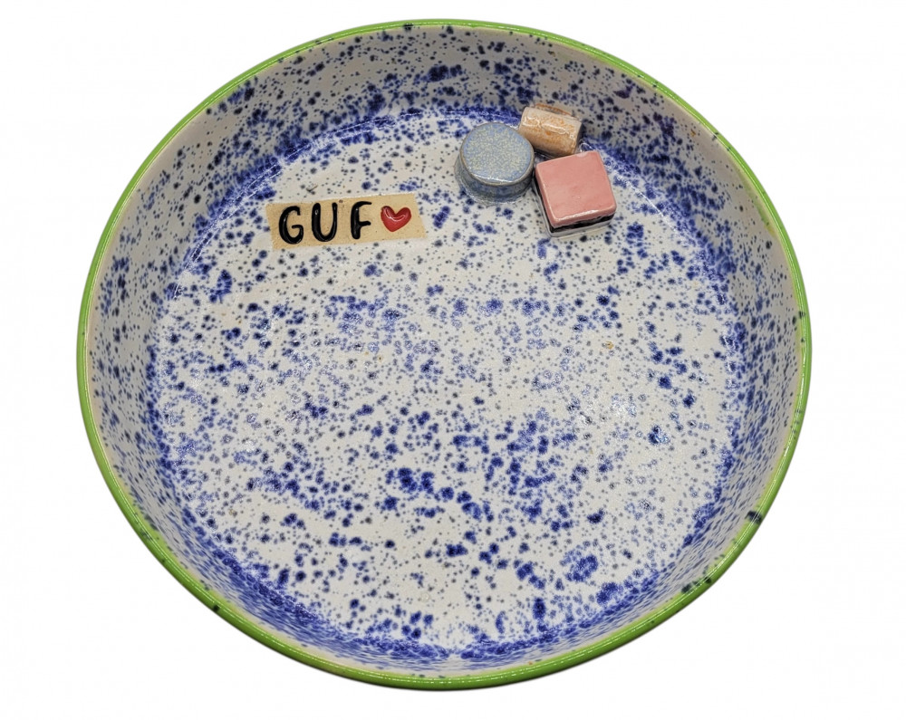 Slikskål i keramik, grøn og blå