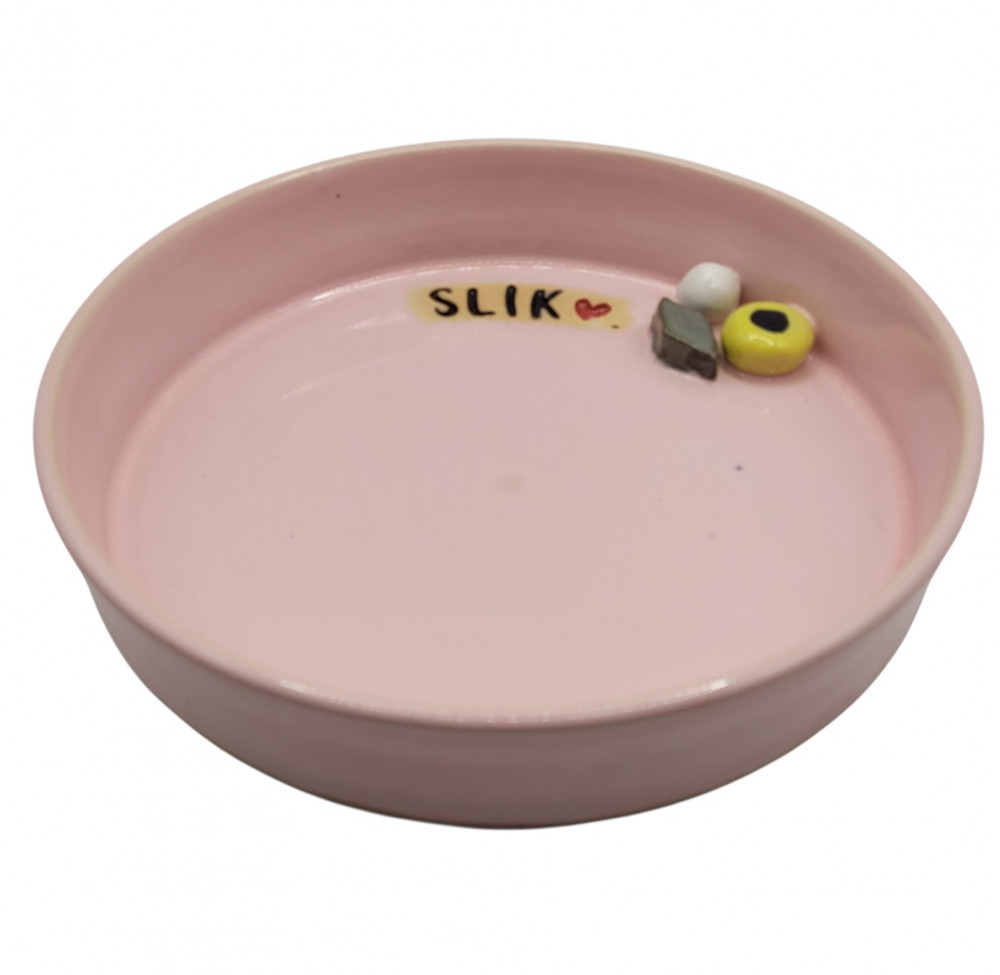 Slikskål i keramik, lyserød, "SLIK"