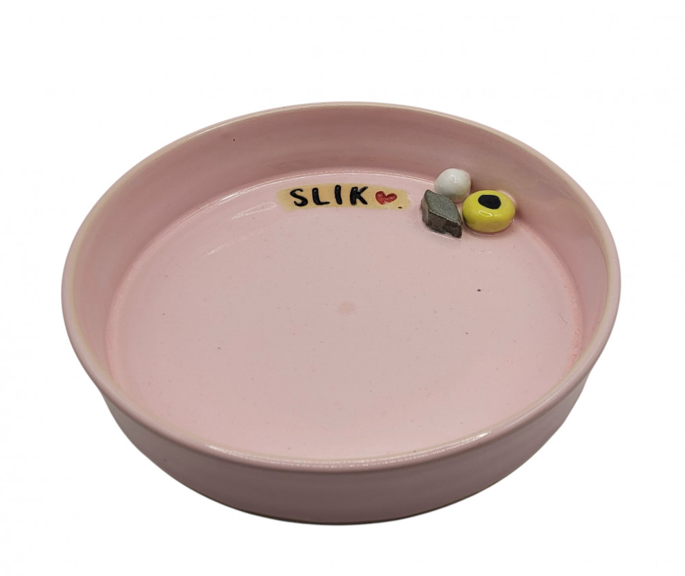 Slikskål i keramik, lyserød, "SLIK"