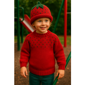 Strikket sweater og hue, jordbær