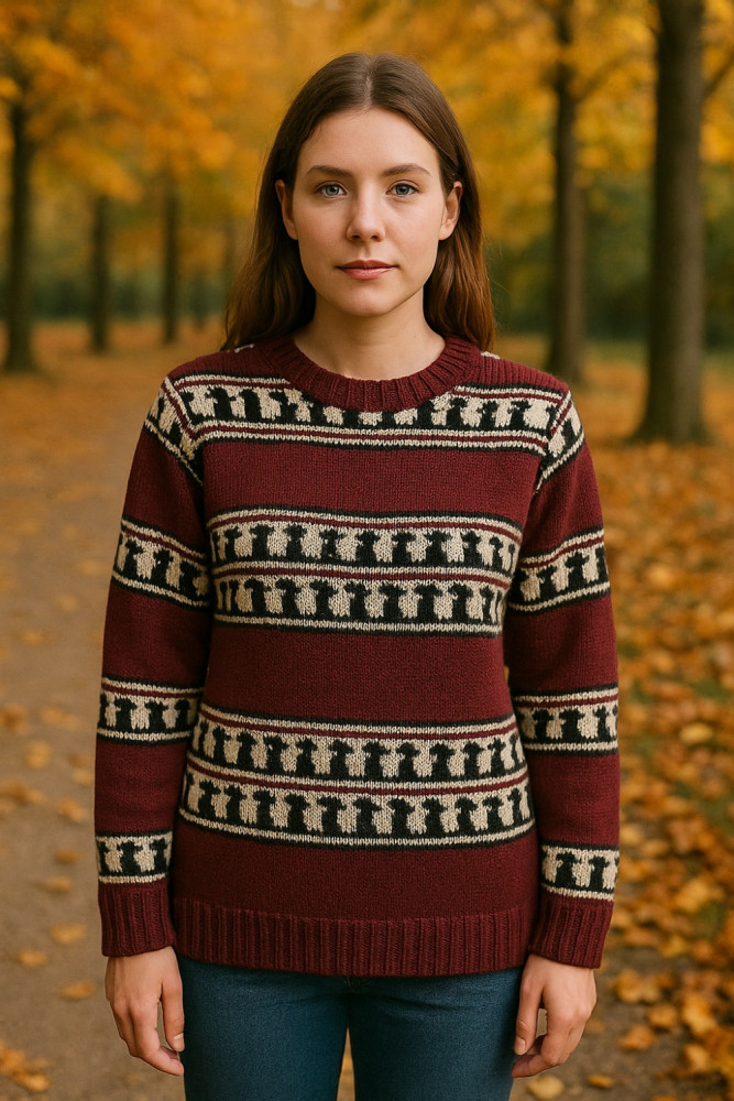 Striksweater dyb rød med stribet mønster