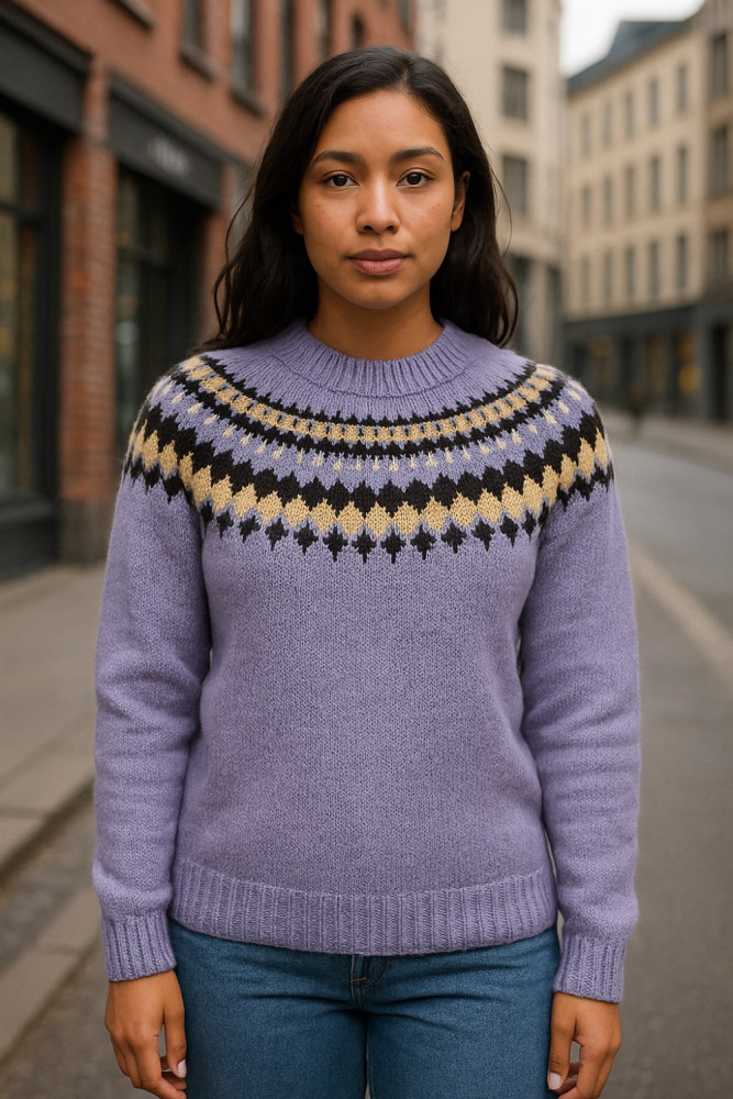 Striksweater lilla med kontrast farvet bærestykke