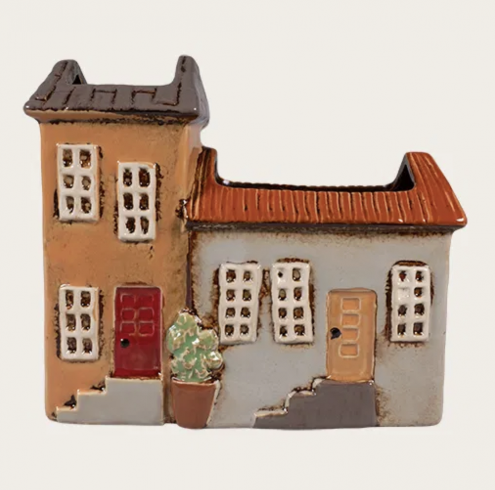 Vase formet som huse, grå og gul. PÅ LAGER 26.01.2026