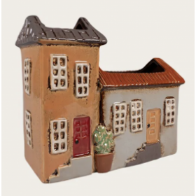 Vase formet som huse, grå og gul. PÅ LAGER 26.01.2026