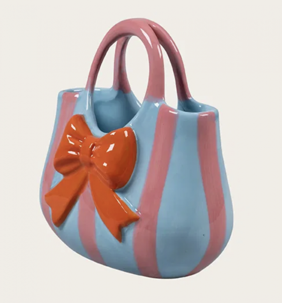 Vase formet som taske, blå og rosa. PÅ LAGER 01.01.2026