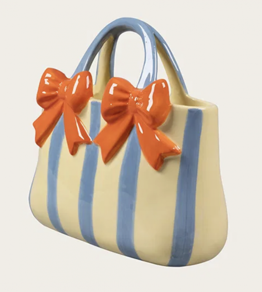 Vase formet som taske, gul og blå. PÅ LAGER 01.01.2026