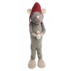 XL julemus i filt med grønne bukser og snemand 60cm