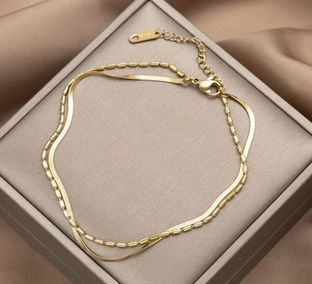 "NU TID" Armkæde, dobbelt 17+6 cm, 18k guld PVD