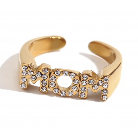 "NU TID" Fingerring MOM med zirkone, åben ring 18k guld PVD
