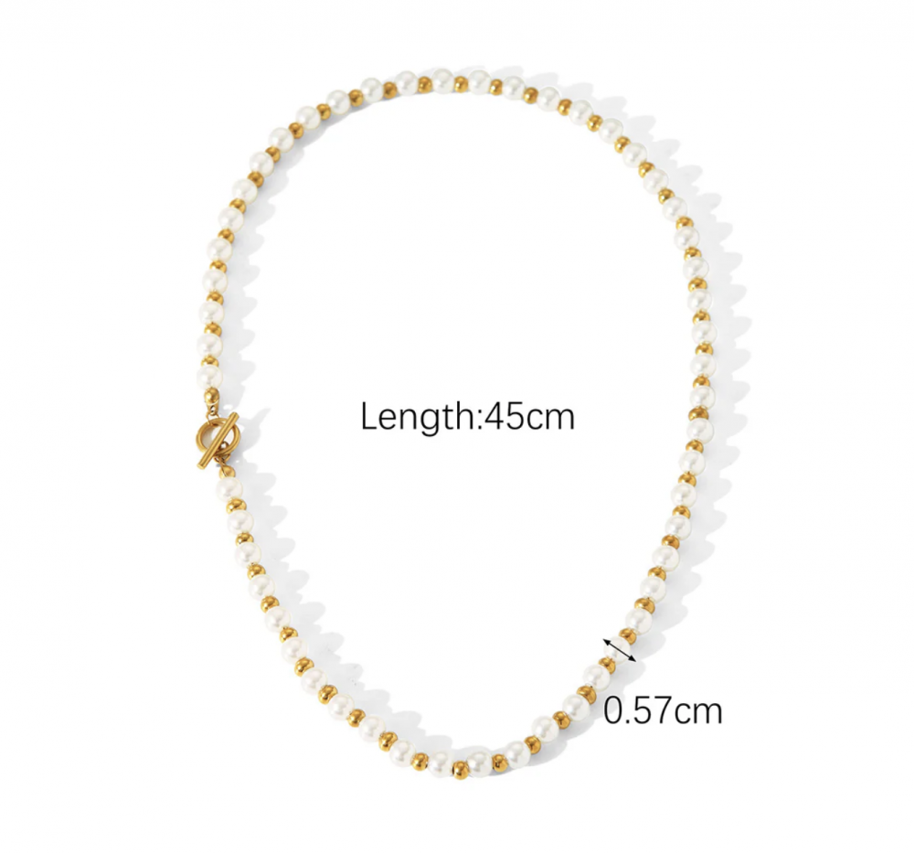 "NU TID" Halskæde 45cm lang perlekæde. 18k guld PVD 