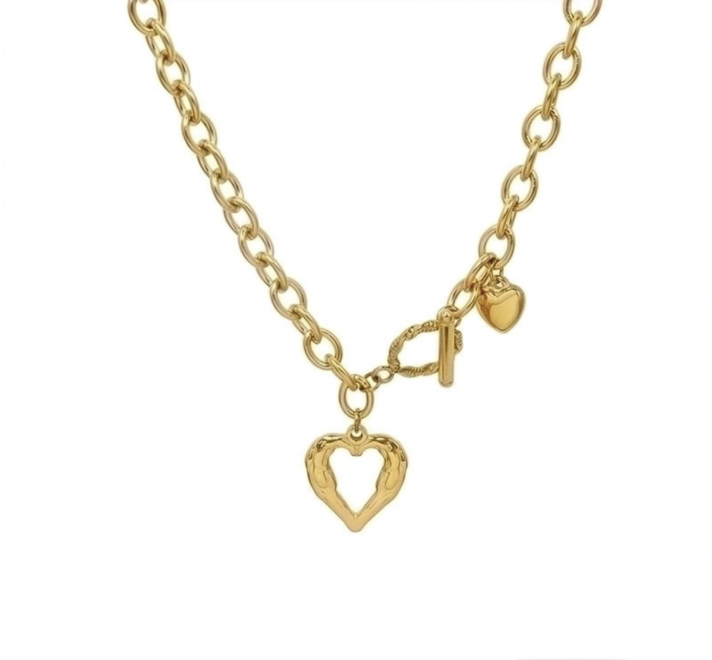 "NU TID" Halskæde kraftig med 2 hjerter. 18k guld PVD 