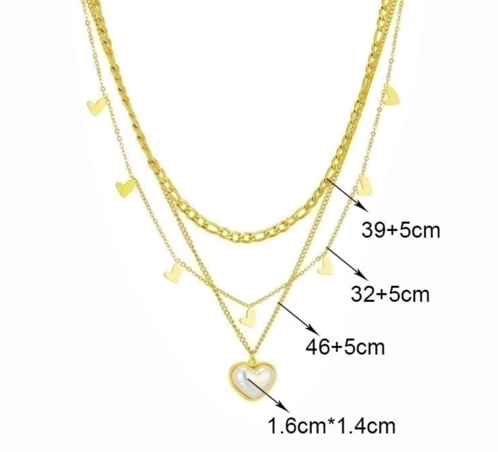 "NU TID" Halskæde lagdelt med perlefyldt hjerte 18k guld PVD 38+5cm