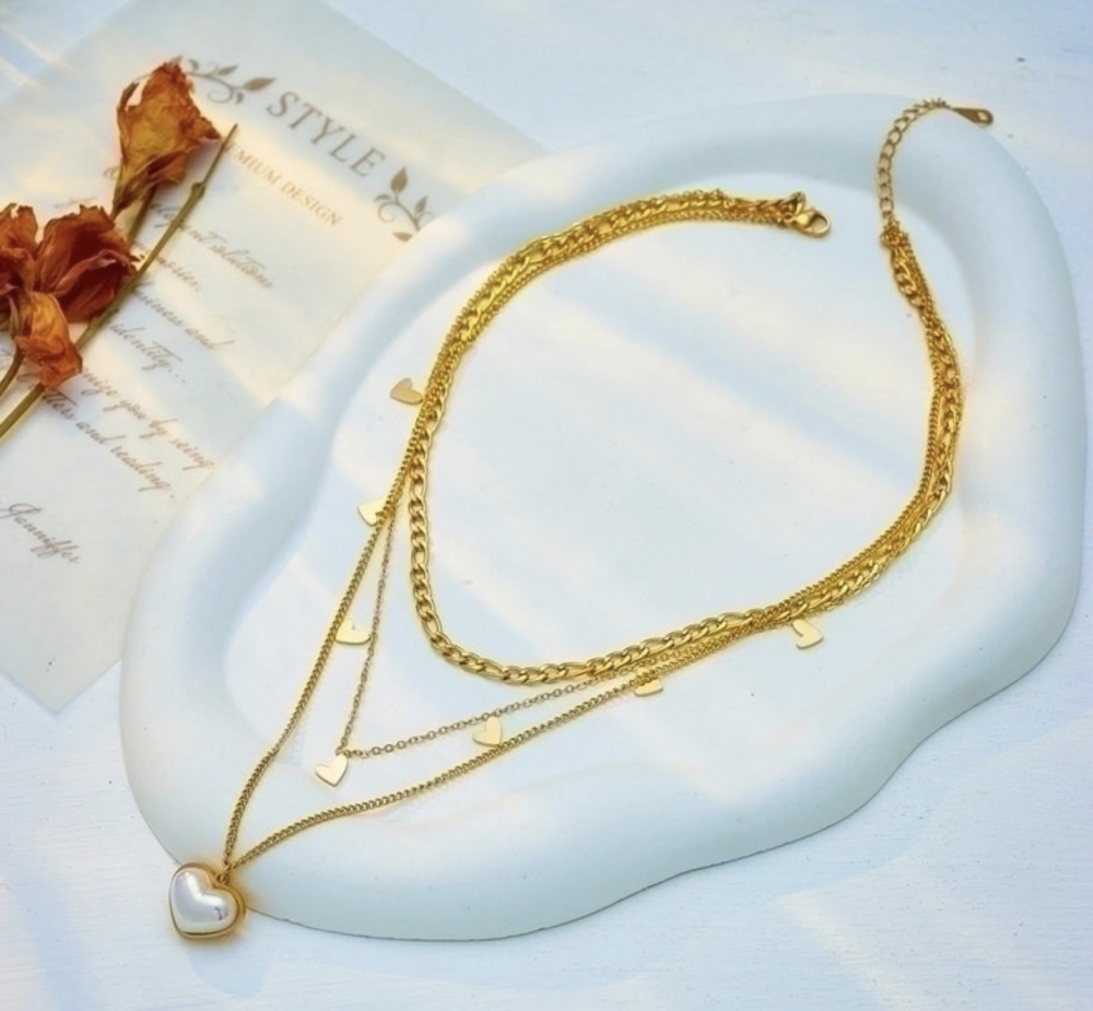 "NU TID" Halskæde lagdelt med perlefyldt hjerte 18k guld PVD 38+5cm