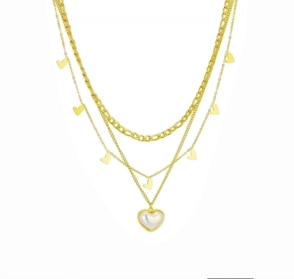 "NU TID" Halskæde lagdelt med perlefyldt hjerte 18k guld PVD 38+5cm