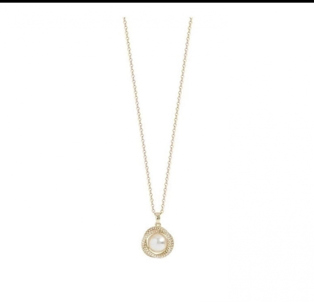 "NU TID" Halskæde med to runde ringe og Imiterede perle 18k guld PVD