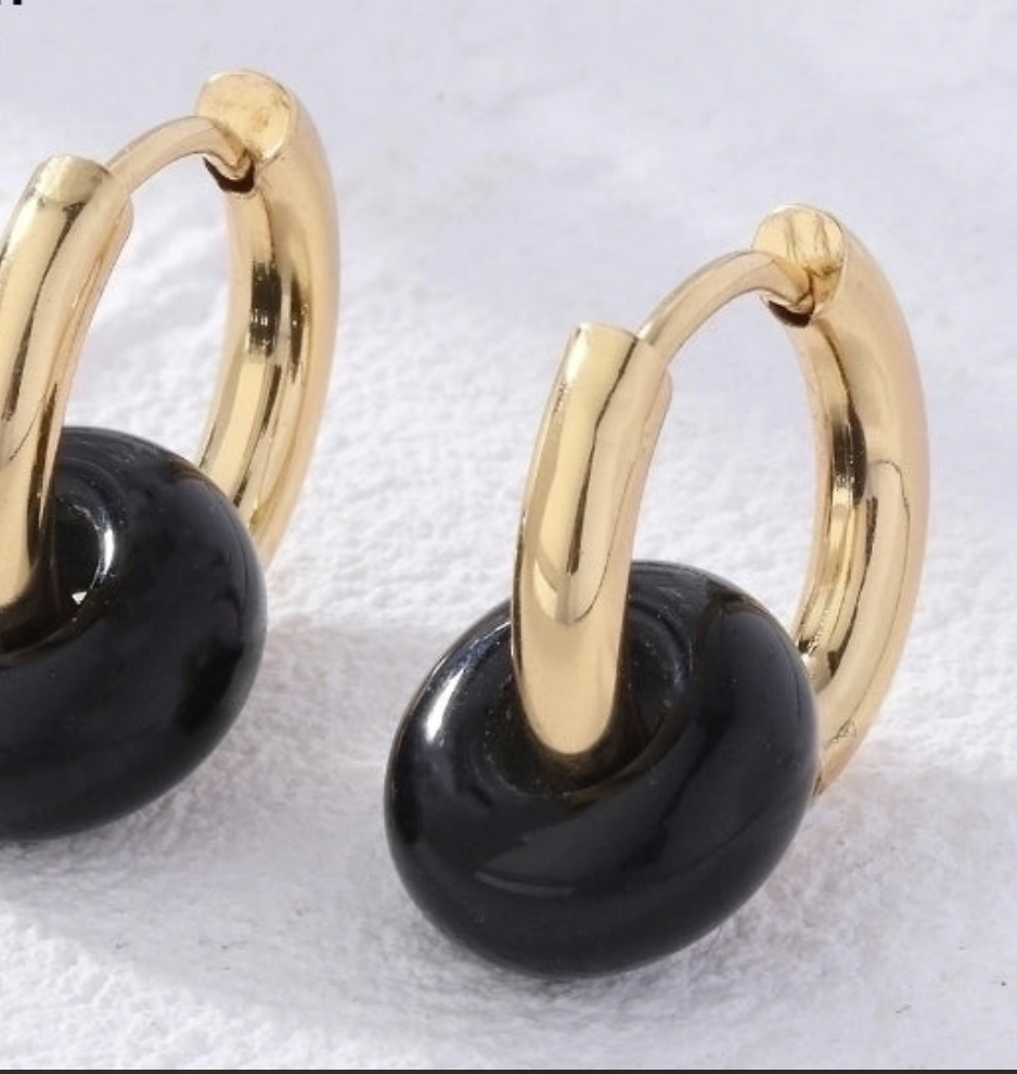 "NU TID" Ørehæng rund med sten perle,  18k guld PVD