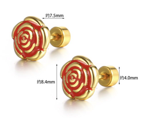 "NU TID" Ørestik med rød rose 18k guld PVD